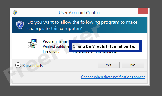 Screenshot where Cheng Du VTools Information Technology appears as the verified publisher in the UAC dialog